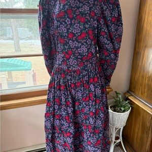 Floral Long Sleeve Midi Dress - Navy with Red & Purple Roses
